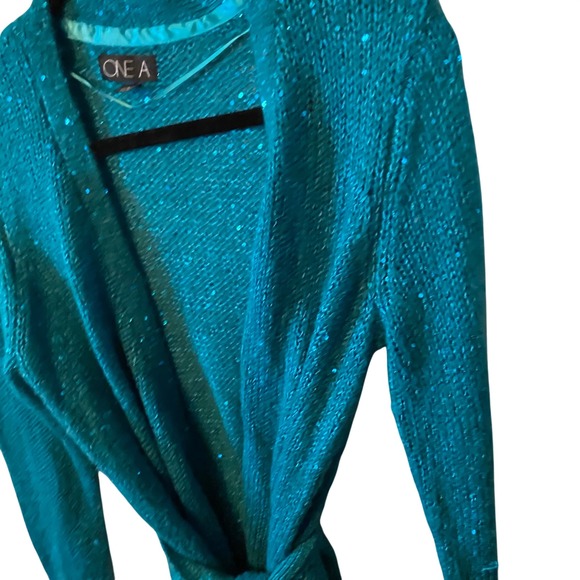 ONE‎ A Teal Sequin Cardigan Sweater Belted Long Sleeve Women's L - Picture 5 of 10